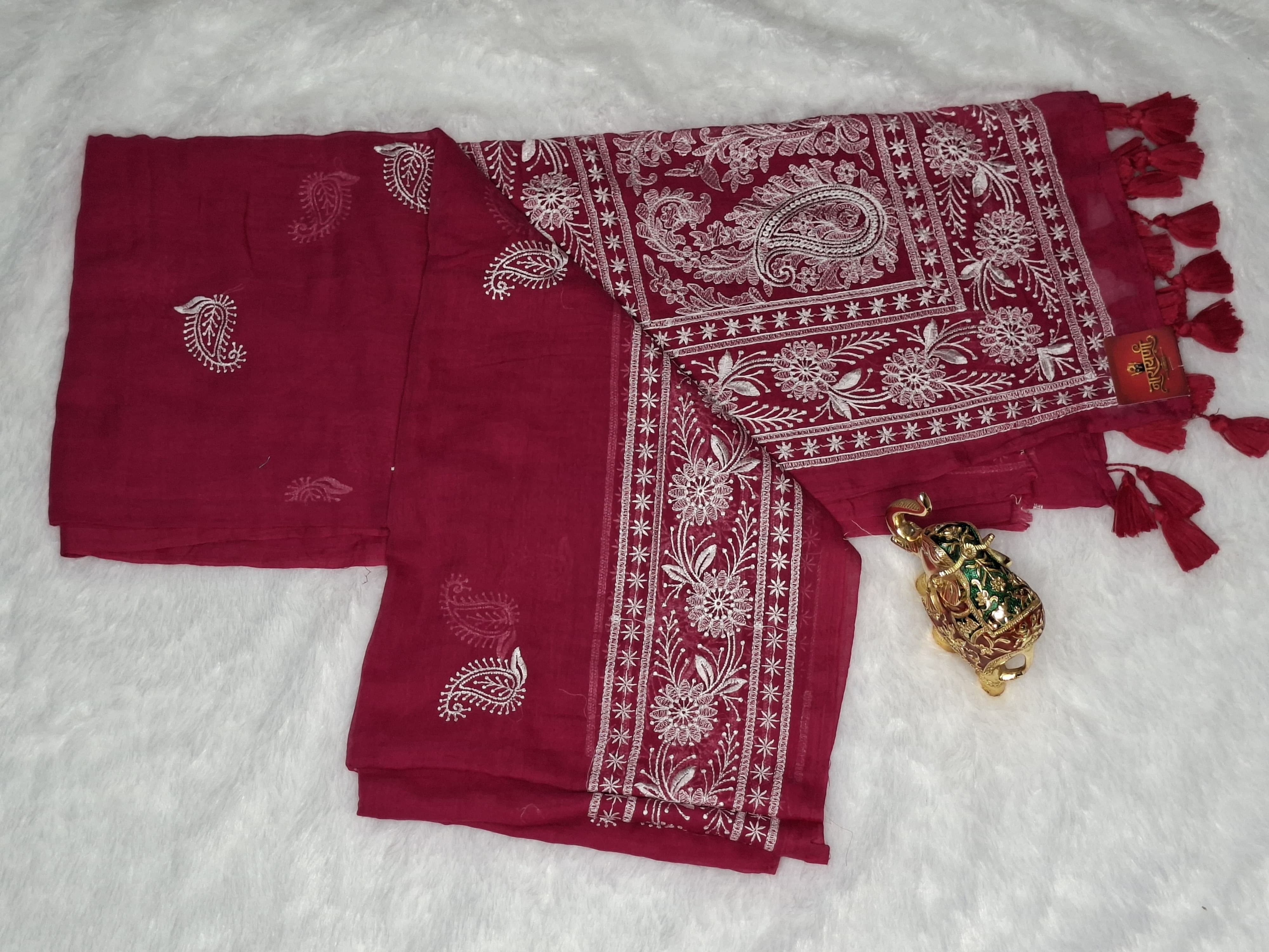 Mul Cotton Chikankari Saree in Rani