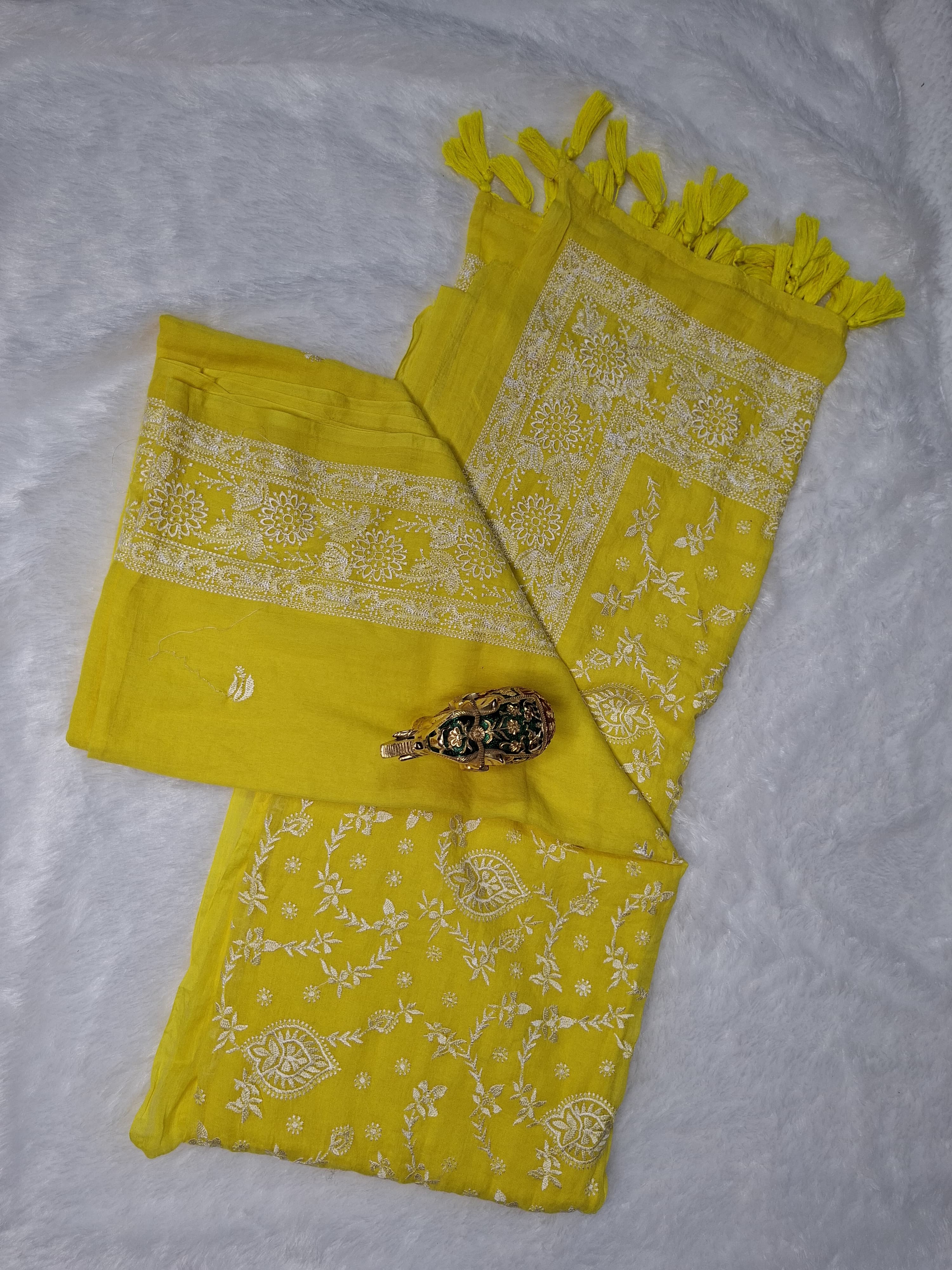 Mul Cotton Chikankari Saree in Yellow