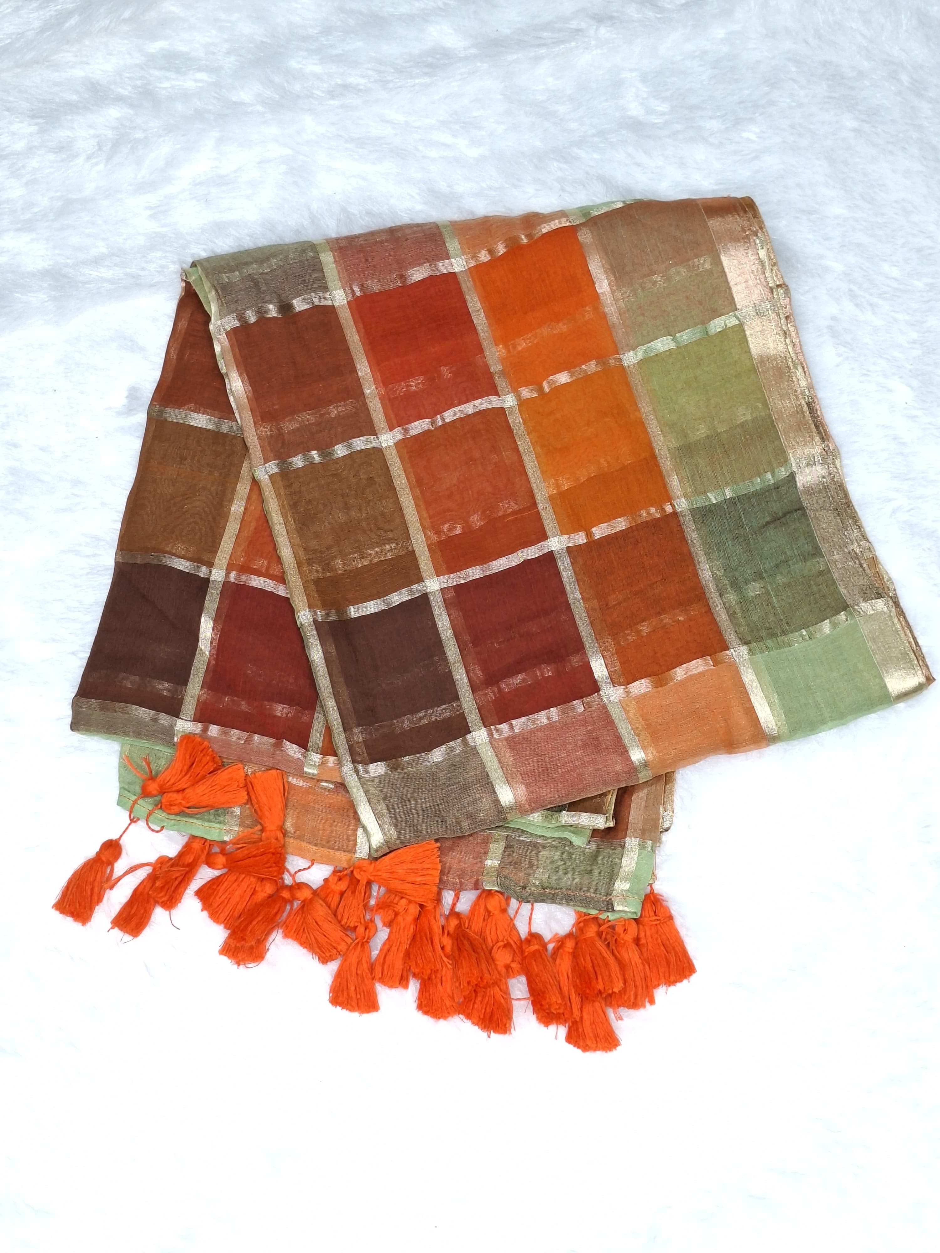 Golden Check Saree in Orange