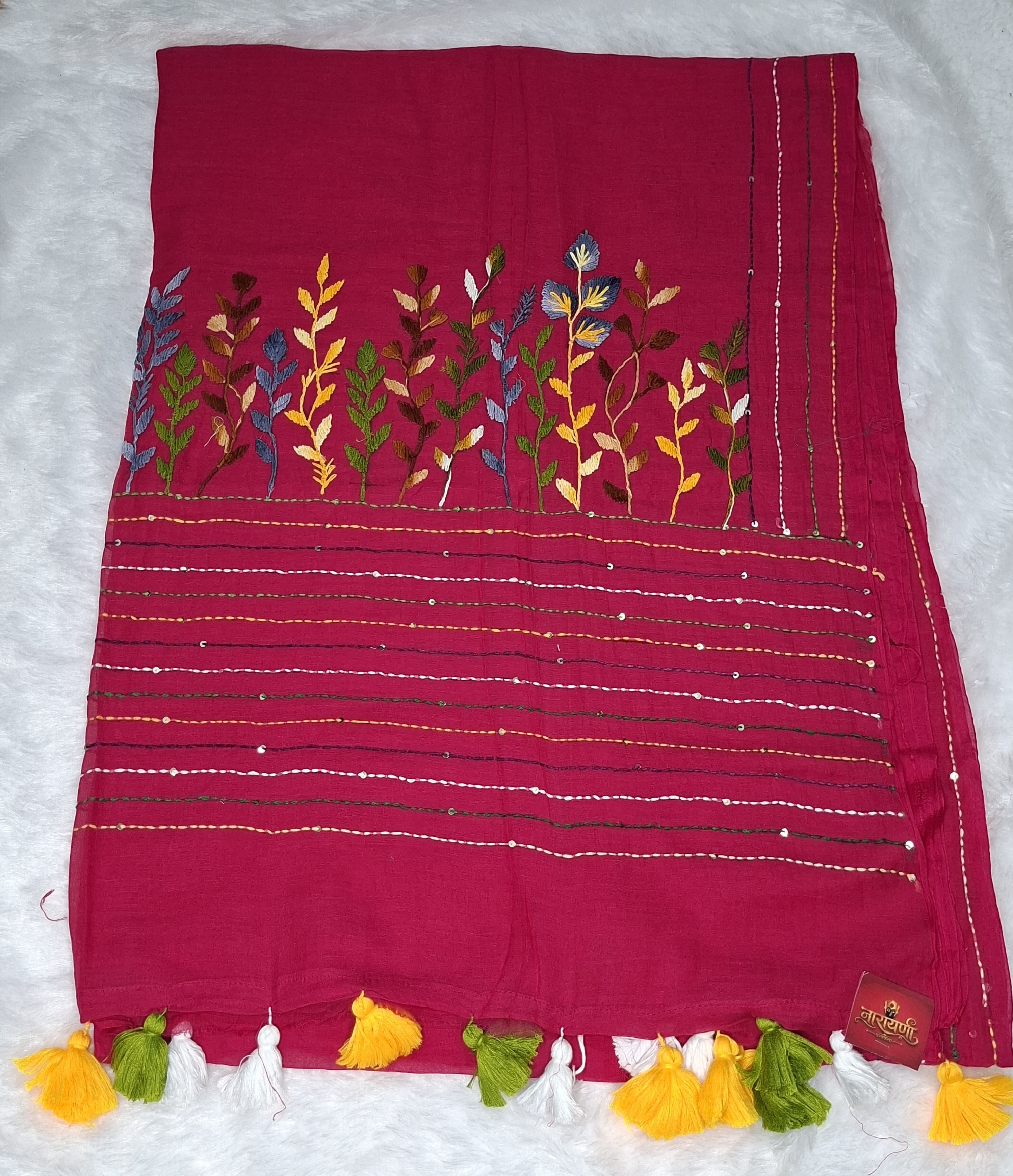 Hand Bullion Saree in Rani