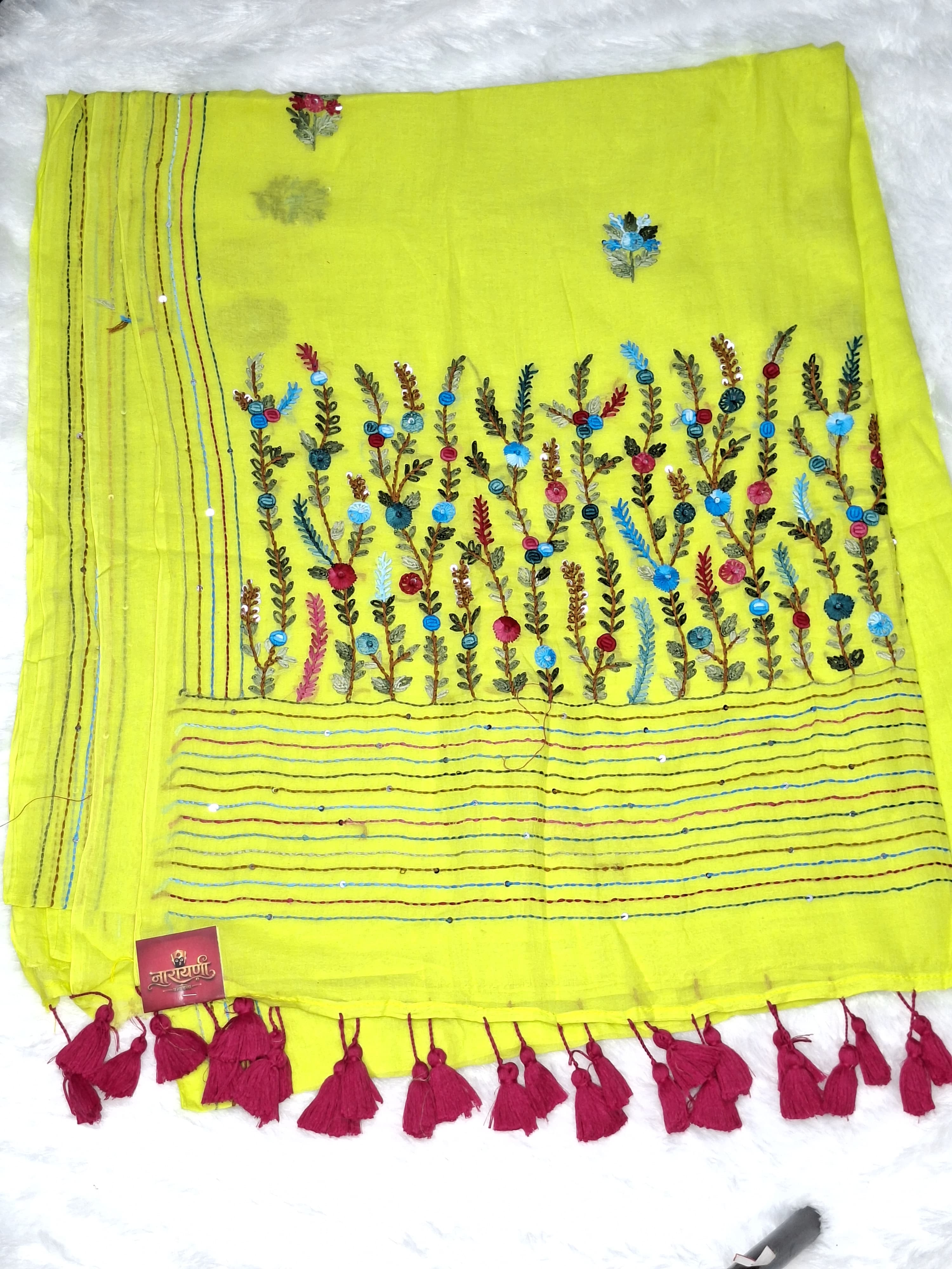 Bullion Work Saree in Neon Green