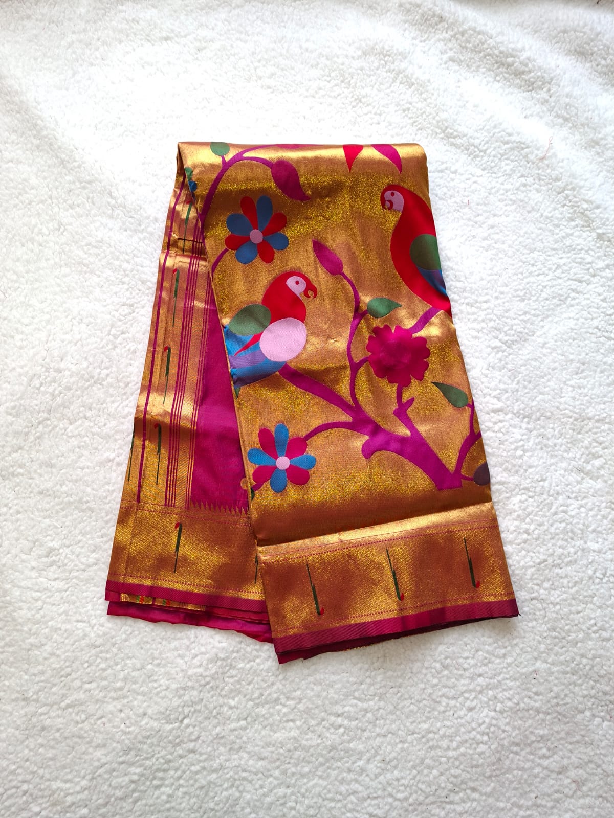 Beautiful Parrot Design Saree in Rani Pink