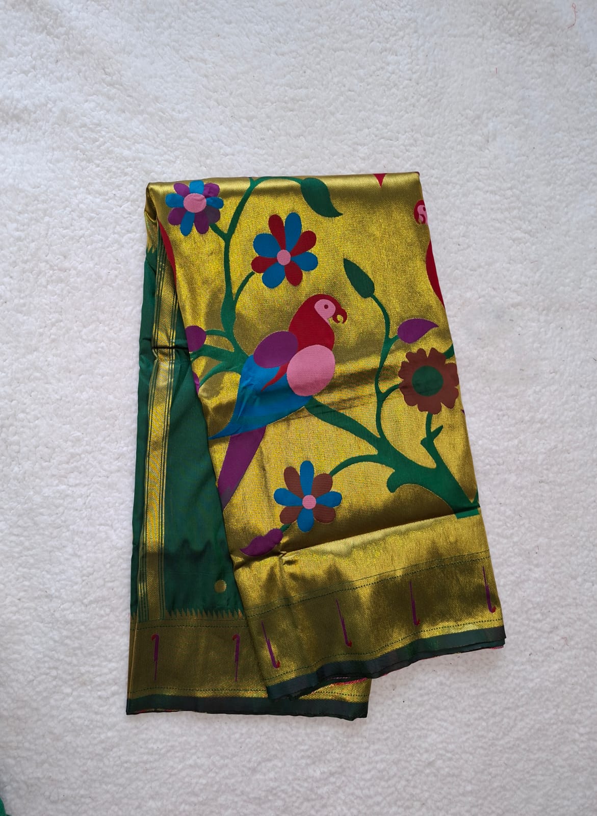 Beautiful Parrot Design Saree in Bottle Green