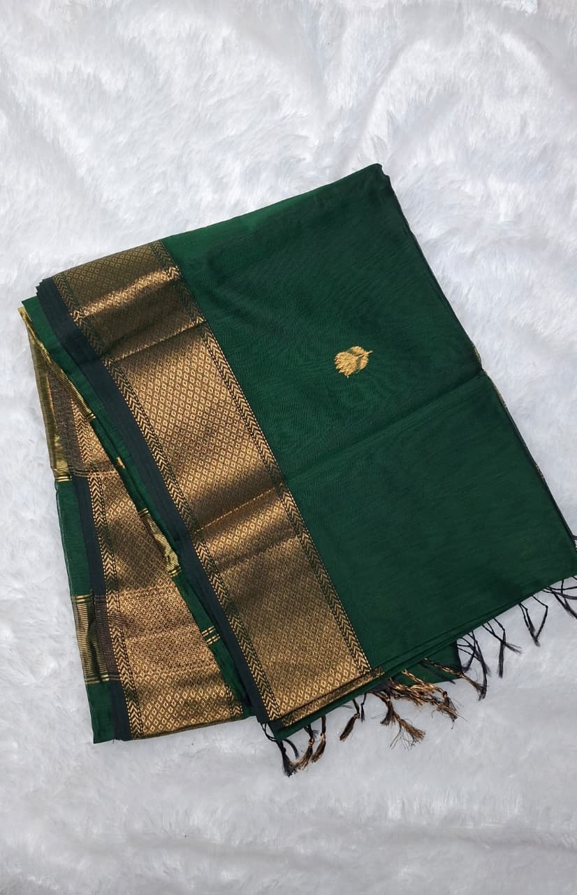 Lotus Maheshwari Handloom Saree Dual Tone in Deep Green Golden Border