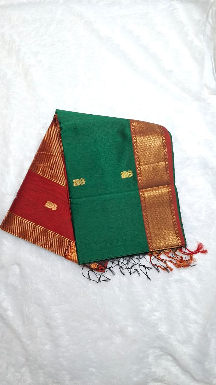 Lotus Maheshwari Handloom Saree Dual Tone in Green & Red Border